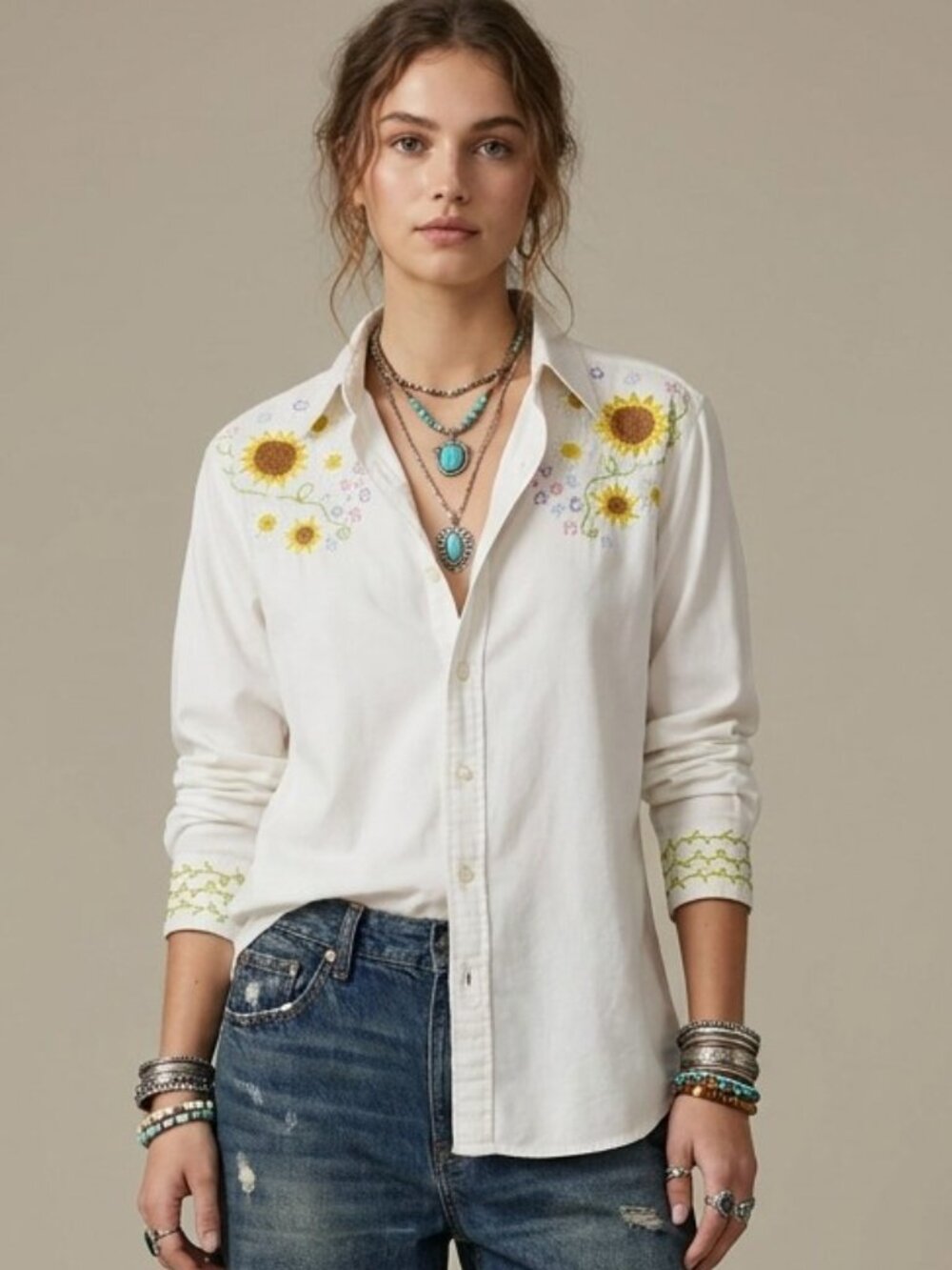 RES IPSA Embroidered Sunflower Daisy Star White Button Down Shirt Women's M